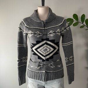 Triple Five Soul Wool Blend Cowichan Knit Aztec Cardigan Grey Black Size Small